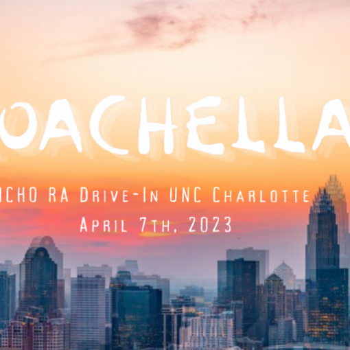 Charlotte skyline with a sunset in the sky. "Coachella" in large white header text. "NCHO RA Drive-in UNC Charlotte" and "April 7, 2023" written as subtext.